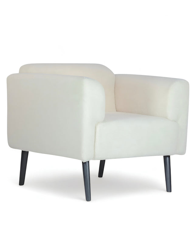 Modern white boucle armchair with black tapered legs and sculpted arms — minimalist accent lounge chair for cozy contemporary living rooms or bedrooms