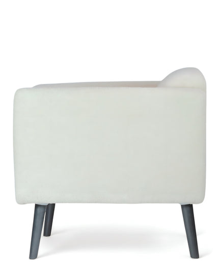 Modern white boucle armchair with black tapered legs and sculpted arms — minimalist accent lounge chair for cozy contemporary living rooms or bedrooms