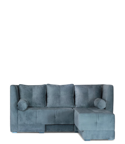 Modern blue L-shaped sofa with soft upholstery and minimalist design