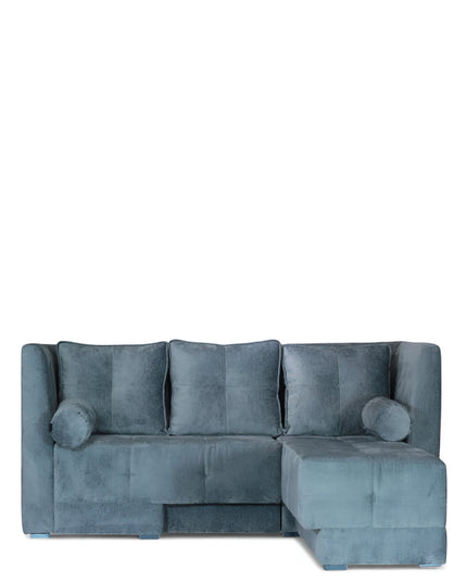 Modern blue L-shaped sofa with soft upholstery and minimalist design