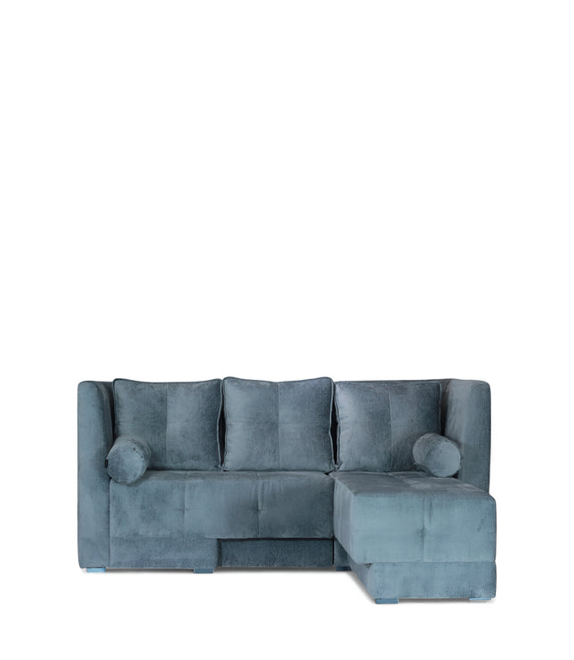 Modern blue L-shaped sofa with soft upholstery and minimalist design