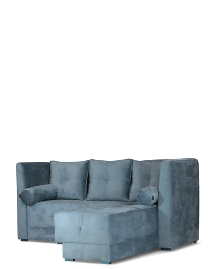 Modern blue L-shaped sofa with soft upholstery and minimalist design
