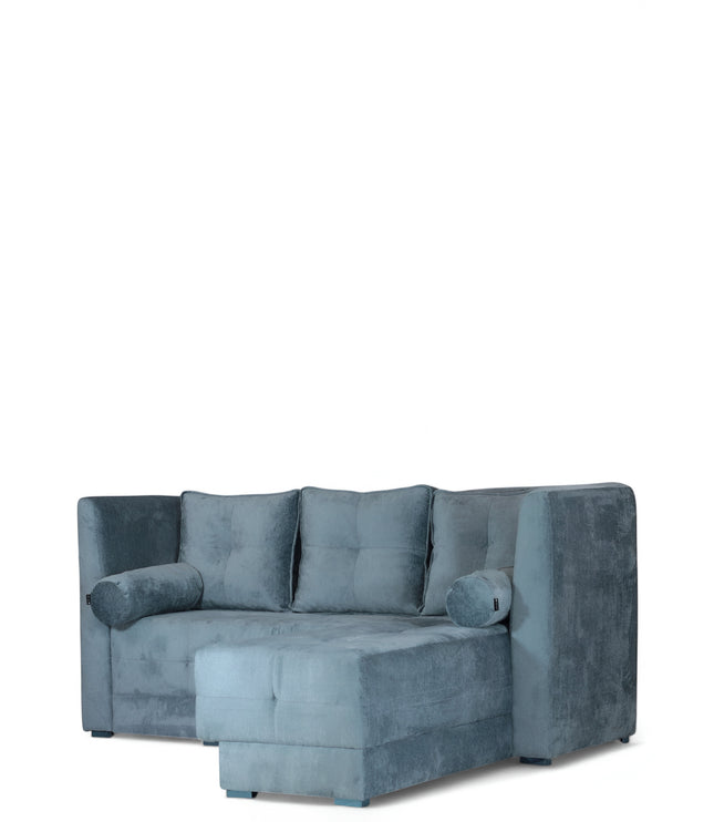 Modern blue L-shaped sofa with soft upholstery and minimalist design