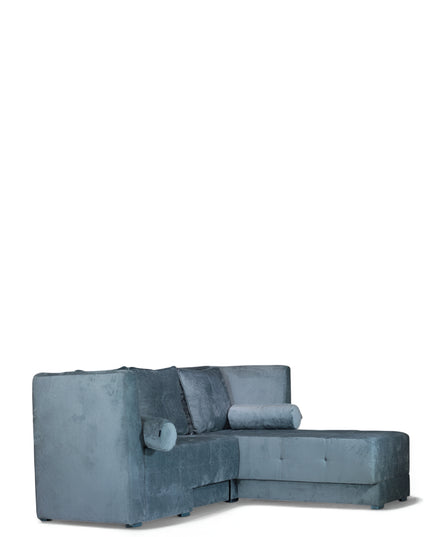 Modern blue L-shaped sofa with soft upholstery and minimalist design