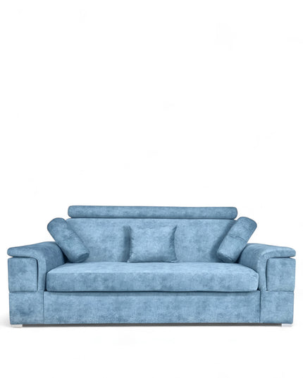 Modern sky blue 3-seater sofa with soft suede upholstery and plush cushions, non-convertible contemporary couch with armrests and sleek metal feet