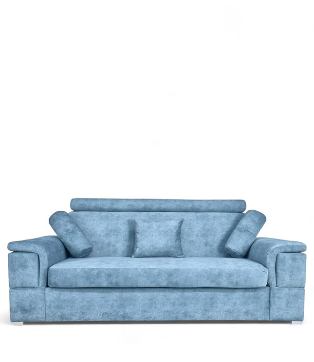 Modern sky blue 3-seater sofa with soft suede upholstery and plush cushions, non-convertible contemporary couch with armrests and sleek metal feet