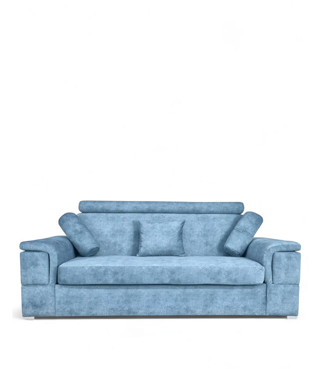 Modern sky blue 3-seater sofa with soft suede upholstery and plush cushions, non-convertible contemporary couch with armrests and sleek metal feet