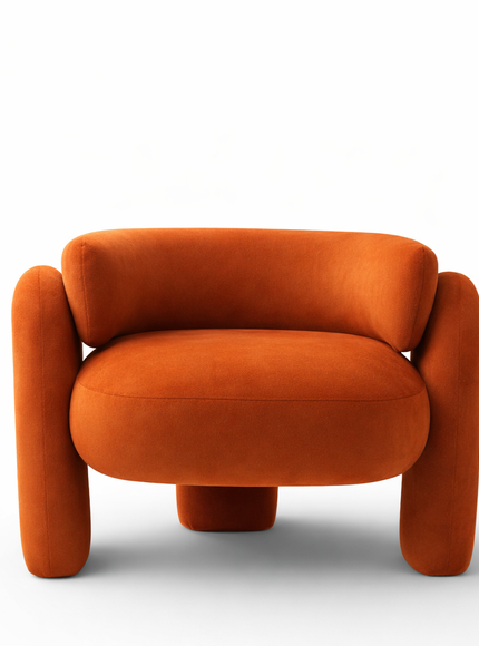 Burnt orange sculptural armchair with cylindrical arms and pedestal base