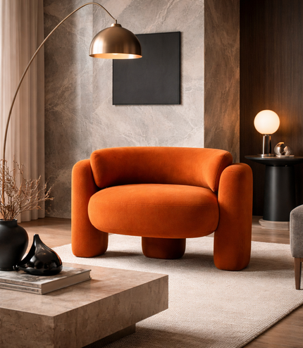 Burnt orange sculptural armchair with cylindrical arms and pedestal base in a modern luxury living room.