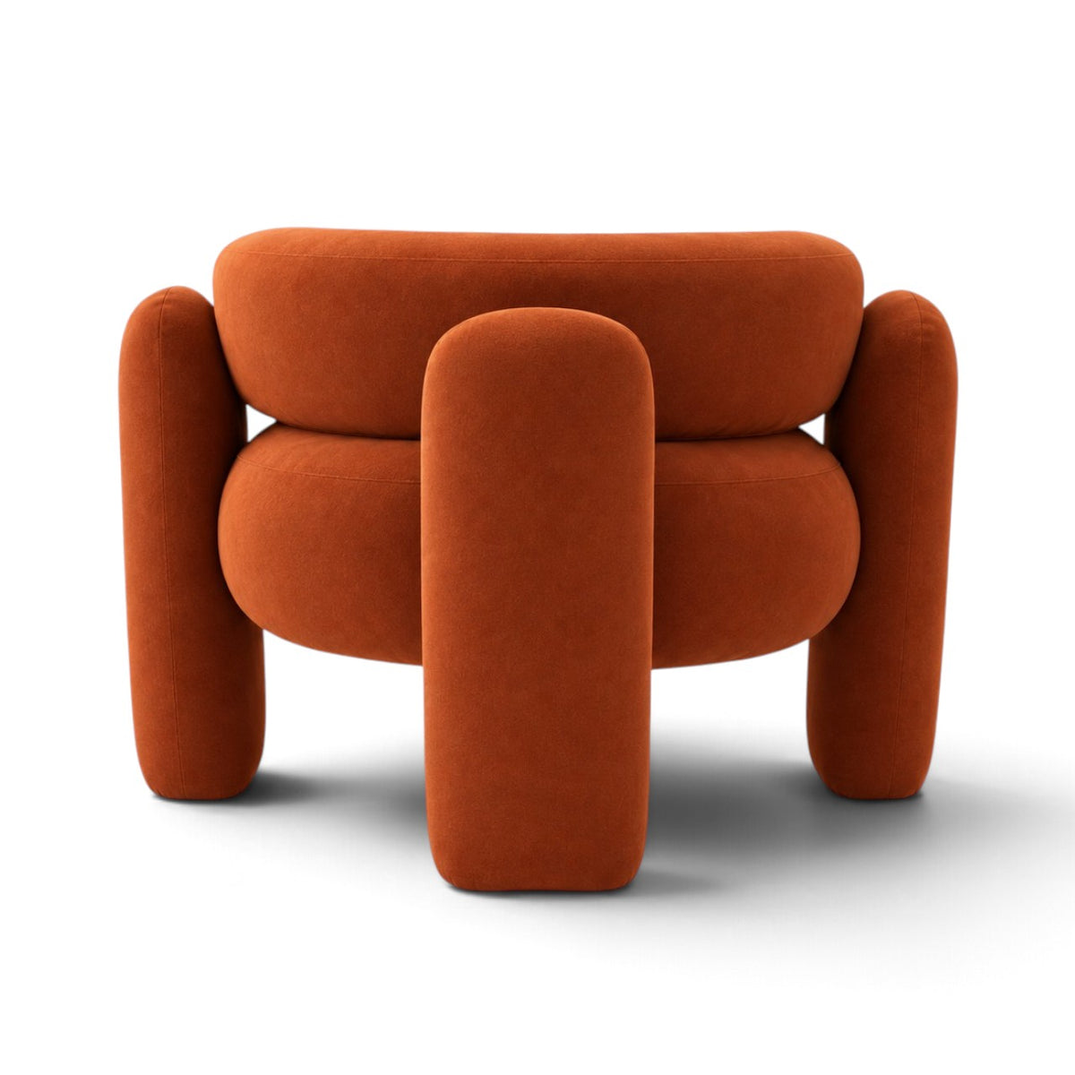 A modern, rounded accent chair upholstered in a textured burnt orange velvet fabric, shown from a front-facing perspective on a clean white background.