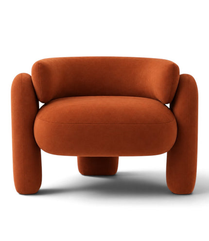 A modern, rounded accent chair upholstered in a textured burnt orange velvet fabric, shown from a front-facing perspective on a clean white background.