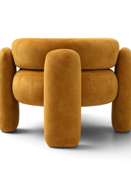 A modern, rounded accent chair upholstered in a textured mustard-yellow velvet fabric, shown from a front-facing perspective on a clean white background.