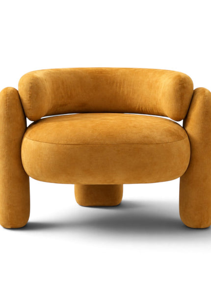 A modern, rounded accent chair upholstered in a textured mustard-yellow velvet fabric, shown from a front-facing perspective on a clean white background.