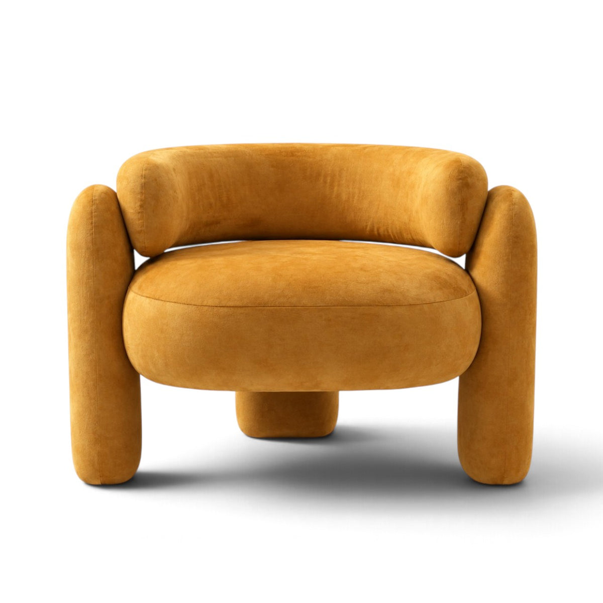 A modern, rounded accent chair upholstered in a textured mustard-yellow velvet fabric, shown from a front-facing perspective on a clean white background.