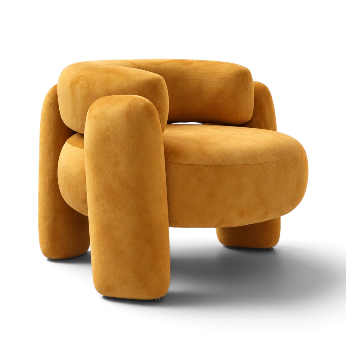 A modern, rounded accent chair upholstered in a textured mustard-yellow velvet fabric, shown from a front-facing perspective on a clean white background.