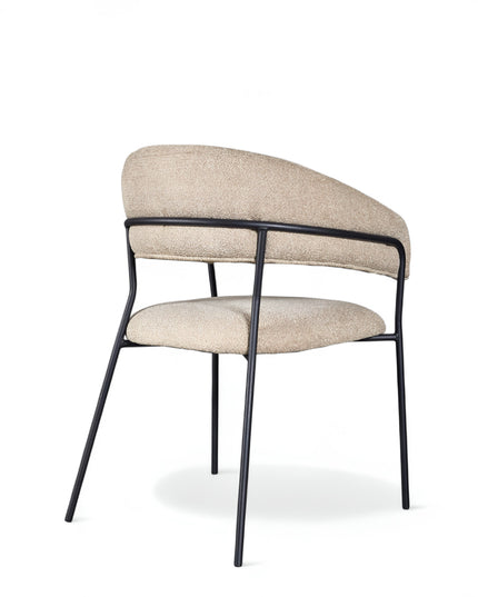 Minimalist upholstered chair with curved backrest and black open-frame metal legs


