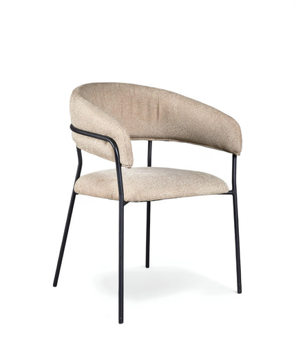 Minimalist upholstered chair with curved backrest and black open-frame metal legs
