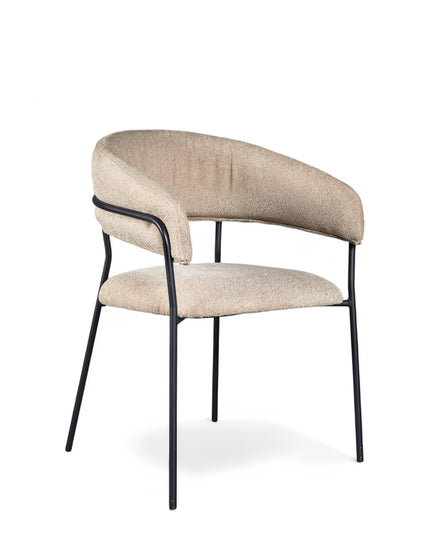 Minimalist upholstered chair with curved backrest and black open-frame metal legs
