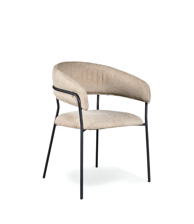 Minimalist upholstered chair with curved backrest and black open-frame metal legs
