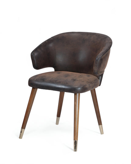 Vintage-style barrel accent chair with distressed brown faux leather upholstery and gold-tipped wooden legs, ideal for rustic or industrial interiors.