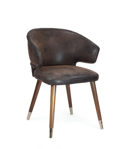 Vintage-style barrel accent chair with distressed brown faux leather upholstery and gold-tipped wooden legs, ideal for rustic or industrial interiors.