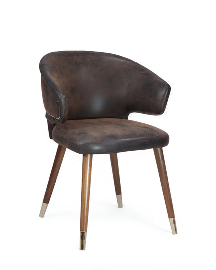Vintage-style barrel accent chair with distressed brown faux leather upholstery and gold-tipped wooden legs, ideal for rustic or industrial interiors.