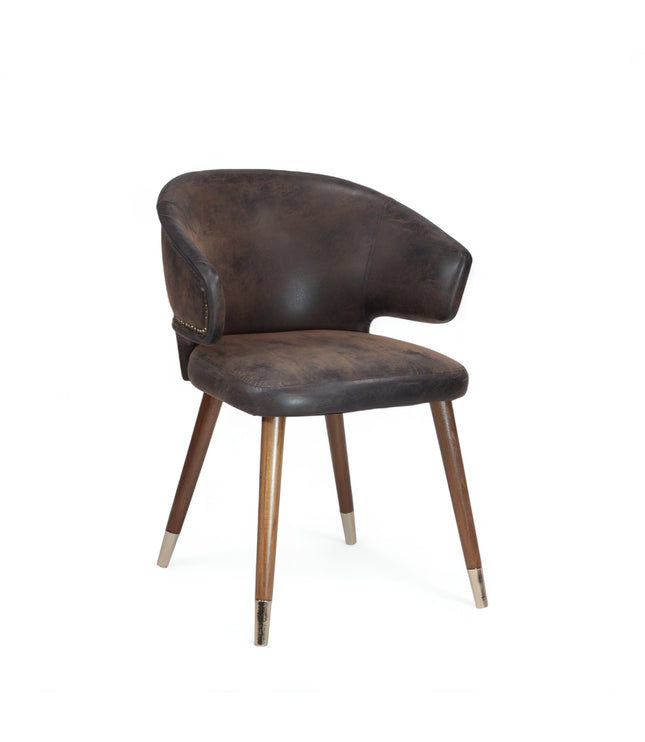 Vintage-style barrel accent chair with distressed brown faux leather upholstery and gold-tipped wooden legs, ideal for rustic or industrial interiors.