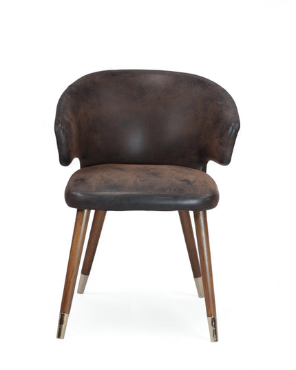 Vintage-style barrel accent chair with distressed brown faux leather upholstery and gold-tipped wooden legs, ideal for rustic or industrial interiors.