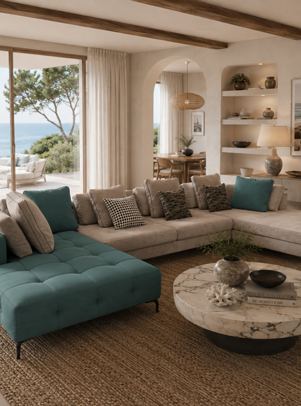 A modern living room featuring a large beige sectional sofa with teal accent pillows and a matching tufted chaise lounge in the foreground. The room has a round marble-top coffee table, a woven jute rug, built-in shelves, and large windows overlooking the ocean.