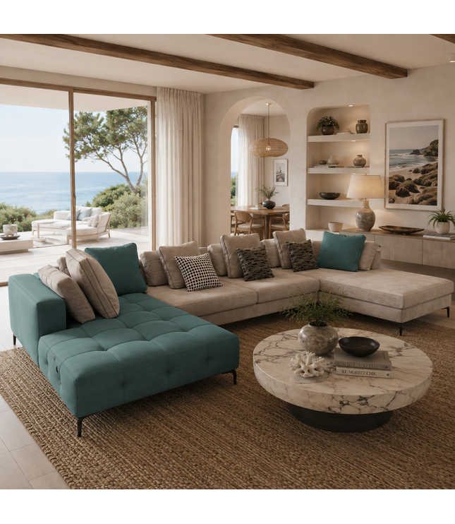A modern living room featuring a large beige sectional sofa with teal accent pillows and a matching tufted chaise lounge in the foreground. The room has a round marble-top coffee table, a woven jute rug, built-in shelves, and large windows overlooking the ocean.
