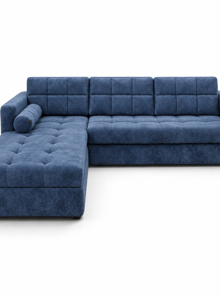 A modern three-seater sofa with a left-facing chaise lounge, upholstered in a textured navy blue fabric with tufted button details, shown on a solid white background.