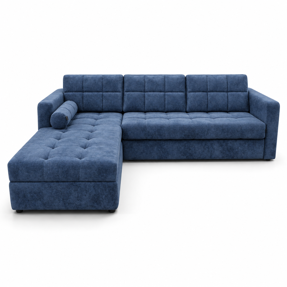 A modern three-seater sofa with a left-facing chaise lounge, upholstered in a textured navy blue fabric with tufted button details, shown on a solid white background.
