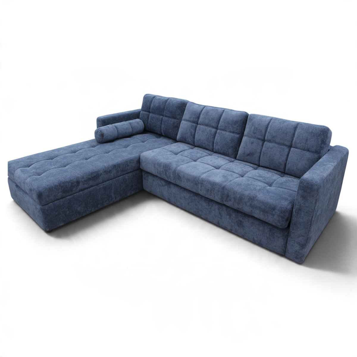 A modern L-shaped sectional sofa upholstered in textured blue fabric, featuring tufted button details on the chaise, backrest, and seat cushions, shown on a plain white background.