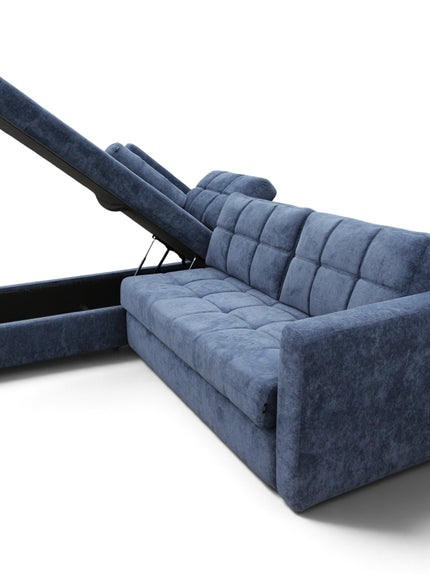 A blue upholstered sectional sofa with a tufted backrest and armrests, shown with the left side lifted open to reveal a storage compartment underneath, on a white studio background.