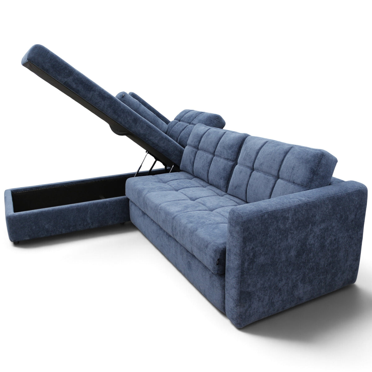 A blue upholstered sectional sofa with a tufted backrest and armrests, shown with the left side lifted open to reveal a storage compartment underneath, on a white studio background.