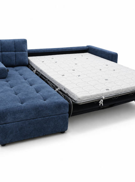 A navy blue tufted fabric sofa bed shown partially unfolded on a white studio background, with a white mattress on a black frame extended from the side.