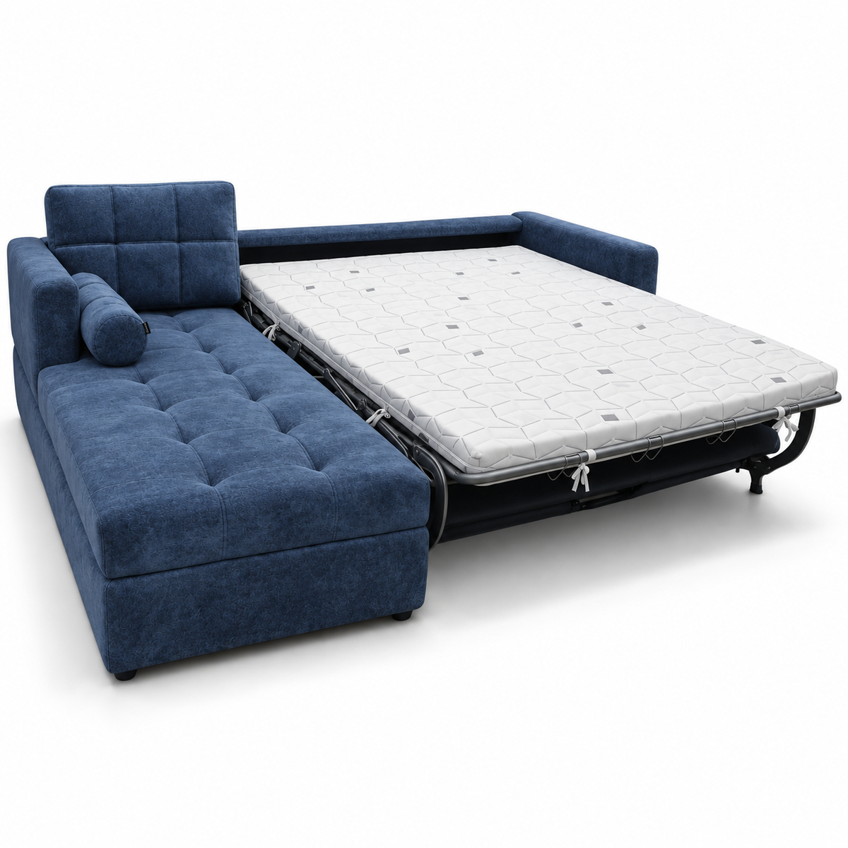 A navy blue tufted fabric sofa bed shown partially unfolded on a white studio background, with a white mattress on a black frame extended from the side.