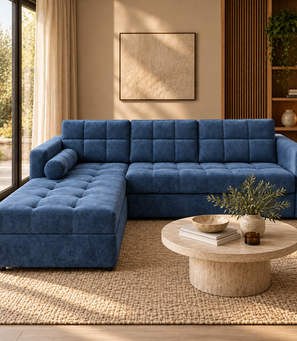 A modern blue tufted sectional sofa with a chaise lounge, styled in a warm, contemporary living room with a round wooden coffee table, textured rug, and large windows.