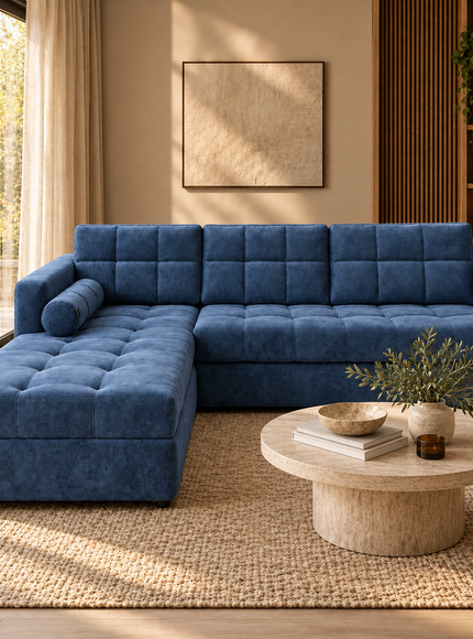 A modern blue tufted sectional sofa with a chaise lounge, styled in a warm, contemporary living room with a round wooden coffee table, textured rug, and large windows.