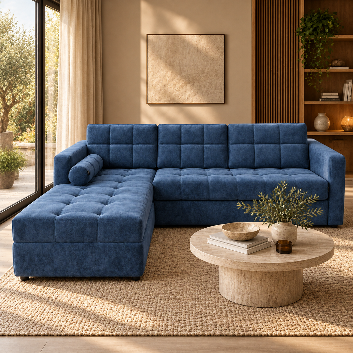 A modern blue tufted sectional sofa with a chaise lounge, styled in a warm, contemporary living room with a round wooden coffee table, textured rug, and large windows.