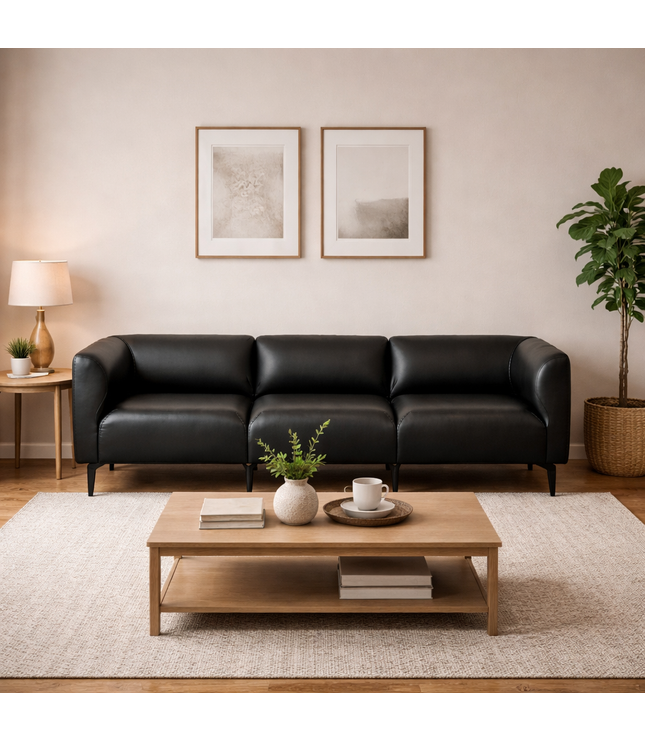 Modern living room with a black leather sofa, wooden coffee table, and decorative elements.