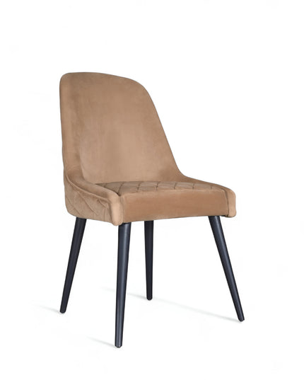 Modern dining chair with beige curved backrest and angled black legs