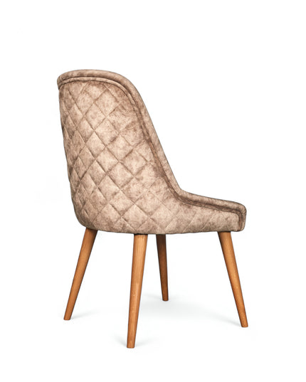 Modern dining chair with leather looking beige curved backrest and angled wooden legs