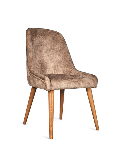 Modern dining chair with leather looking beige curved backrest and angled wooden legs
