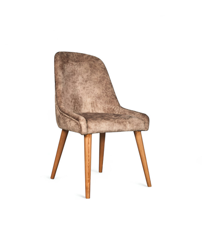 Modern dining chair with leather looking beige curved backrest and angled wooden legs