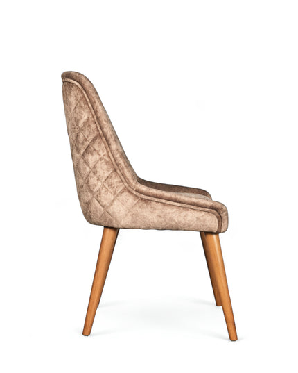 Modern dining chair with leather looking beige curved backrest and angled wooden legs
