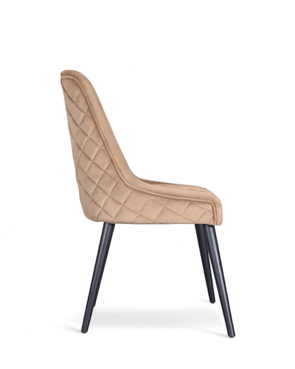 Modern dining chair with beige curved backrest and angled black legs