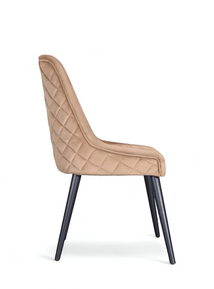 Modern dining chair with beige curved backrest and angled black legs