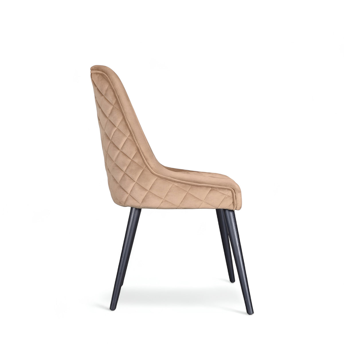 Modern dining chair with beige curved backrest and angled black legs