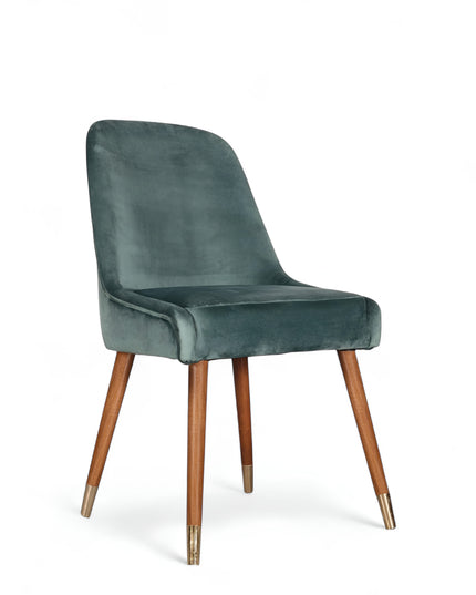 Modern dining chair with brue/gray curved backrest and angled wooden legs with golden tips